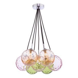 Elpis 7 Light Cluster Pendant Polished Chrome Mixed Coloured Glass 