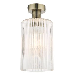 Emerson Semi Flush Antique Brass Cylinder Ribbed Glass 