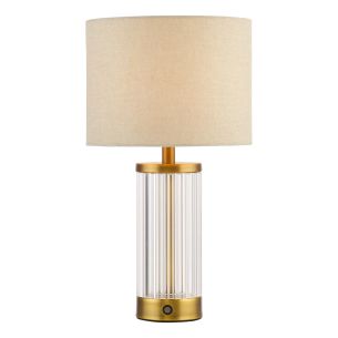 Enrico Rechargeable Table Lamp Antique Bronze and Ribbed Glass With Linen Shade LED