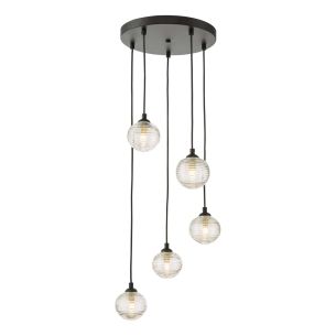 Federico 5 Light Cluster Pendant Matt Black With Ribbed Glass