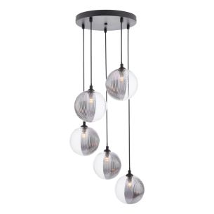 Federico 5 Light Cluster Pendant Matt Black With Smoked/Clear Ribbed Glass