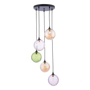 Federico 5 Light Cluster Pendant Matt Black Mixed Coloured Glass 