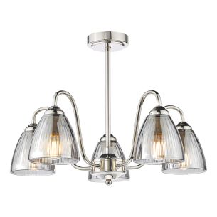 Glynis 5 Light Semi-Flush Polished Nickel and Smoked Ribbed Glass