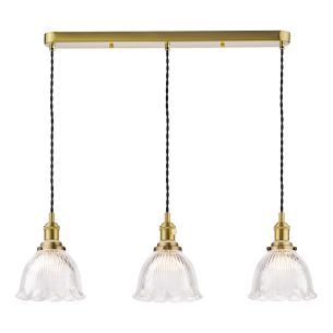 Hadano 3 Light Bar Pendant Natural Brass with Domed Ribbed Glass Shade