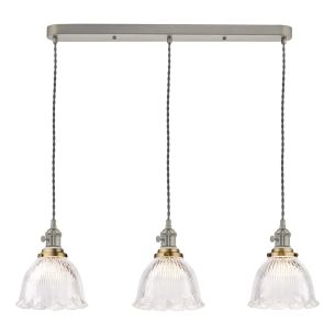Hadano 3 Light Bar Pendant Antique Chrome with Domed Ribbed Glass Shades