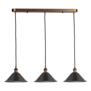Hadano 3 Light Bar Pendant Antique Bronze with Pewter Metal Shades 18cm