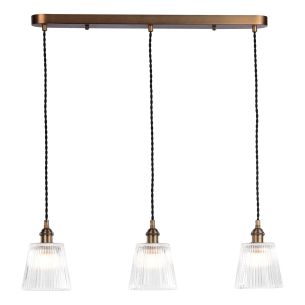 Hadano 3 Light Bar Pendant Antique Bronze with Clear Ribbed Glass Shades