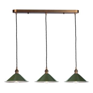 Hadano 3 Light Bar Pendant Antique Bronze with Gloss Green Metal Shades 18cm