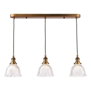 Hadano 3 Light Bar Pendant Antique Bronze with Domed Ribbed Glass Shades