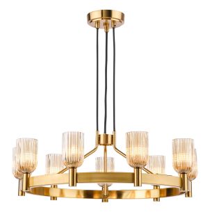 Hilaria 9 Light Pendant Antique Gold and Amber Ribbed Glass