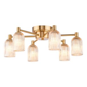 Hilaria 6 Light Flush Antique Gold and Amber Ribbed Glass