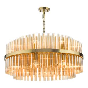 Imani 16 Light Pendant Natural Brass and Amber Ribbed Glass