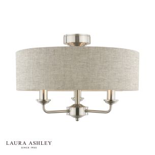 Laura Ashley Sorrento 3 Light Semi-Flush Satin Nickel and Natural With Shade