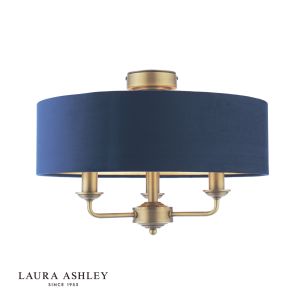 Laura Ashley Sorrento 3 Light Semi-Flush Matt Antique Brass With Blue Shade