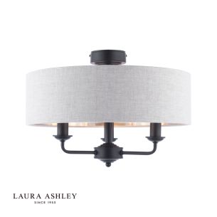 Laura Ashley Sorrento 3 Light Semi-Flush Matt Black With Natural Shade