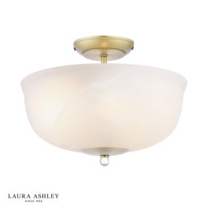 Laura Ashley Cossington 2 Light Semi-Flush Matt Antique Brass and White Marble Effect Glass