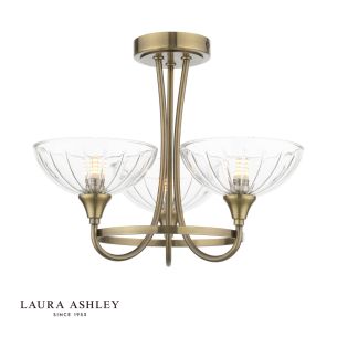 Laura Ashley Wellham 3 Light Semi-Flush Antique Brass and Ribbed Glass