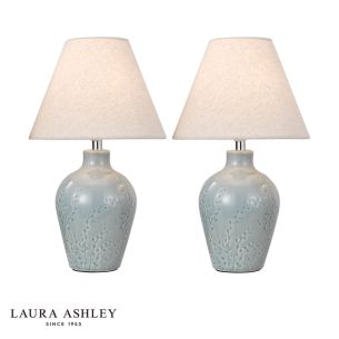 Laura Ashley Pussywillow Twin Pack Table Lamp Blue Ceramic and Polished Chrome With Shade