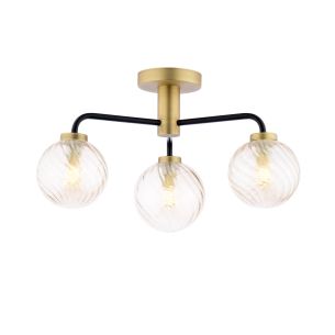 Lainey 3 Light Semi-Flush Matt Black and Antique Brass With Twisted Amber Glass