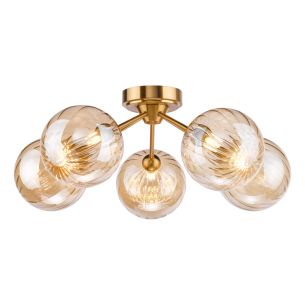 Liora 5 Light Semi-Flush Antique Gold and Amber Ribbed Glass