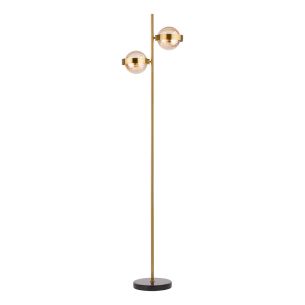 Ophira 2 Light Floor Lamp Antique Gold Black Marble and Amber Ribbed Glass