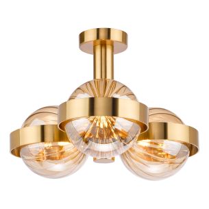 Ophira 3 Light Semi-Flush Antique Gold and Amber Ribbed Glass