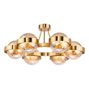 Ophira 6 Light Semi-Flush Antique Gold and Amber Ribbed Glass