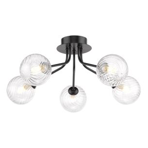 Poyen 5 Light Semi-Flush Matt Black and Ribbed Glass