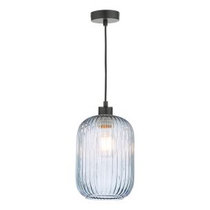 Sawyer Pendant Matt Black and Blue Ribbed Glass