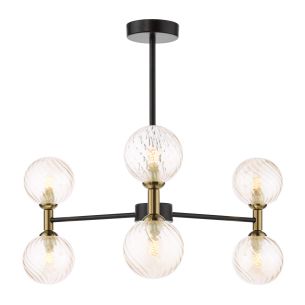 Takara 6 Light Semi-Flush Matt Black and Bronze With Twisted Amber Glass