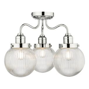 Tamara 3 Light Bathroom Semi Flush Polished Chrome Ribbed Glass IP44 