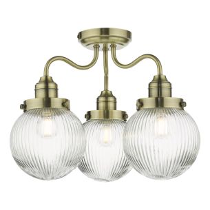 Tamara 3 Light Bathroom Semi Flush Antique Brass Ribbed Glass IP44 