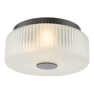Twyman 3 Light Bathroom Ceiling Light Satin Black and White Ribbed Glass IP44