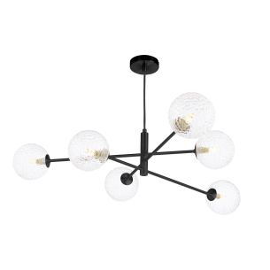 Vignette 6 Light Pendant Matt Black With Clear Hammered Glass