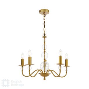 Wrest Park 5 Light Armed Pendant Aged Brass and Ribbed Glass