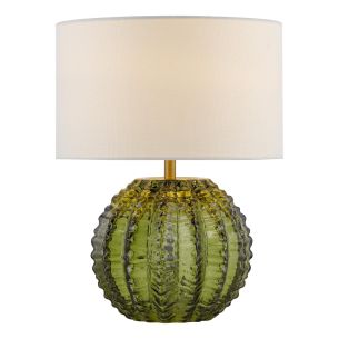 Zorin Table Lamp Green Glass and Antique Brass With Linen Shade