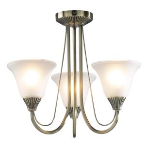 Boston 3 Light Semi-Flush Antique Brass and Opal Glass