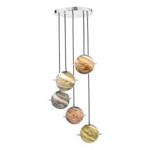 Cygnus 5 Light Cluster Pendant Polished Chrome and Art Glass