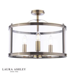 Laura Ashley Harrington 3 Light Semi-Flush Antique Brass and Glass