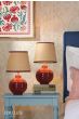 Joules Montacute Twin Pack Table Lamp Red Ceramic and Matt Antique Brass With Shade