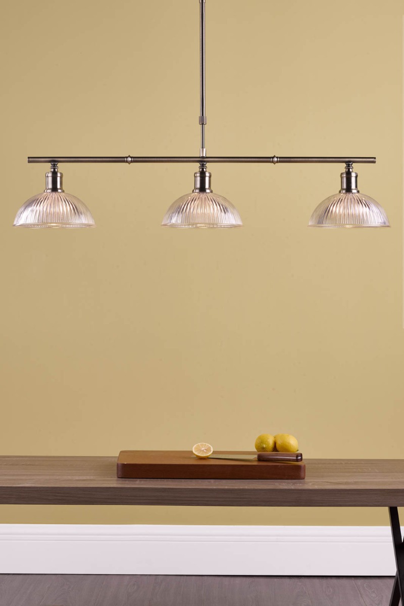 Dara 3 Light Bar Pendant Antique Brass and Ribbed Glass