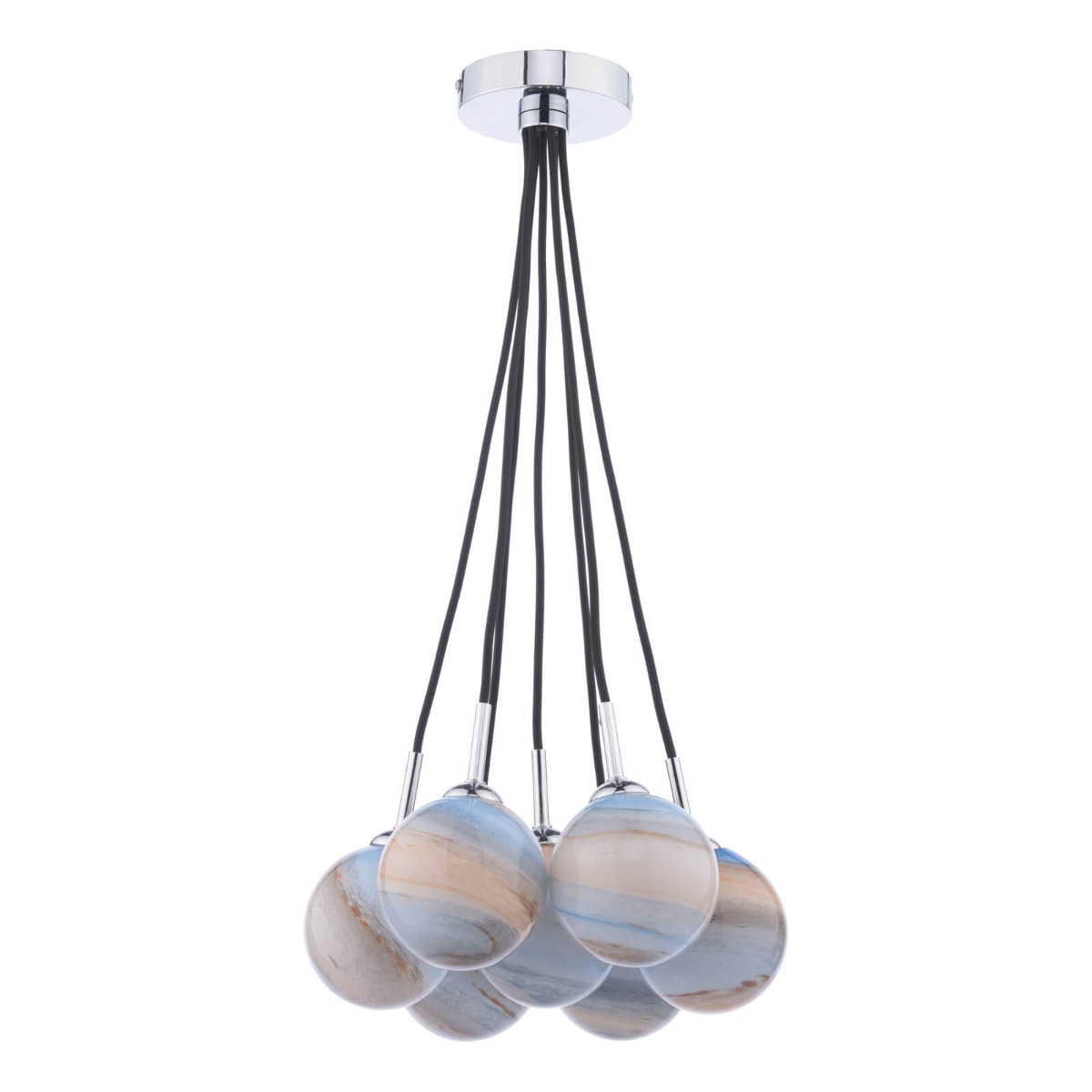 Elpis 7 Light Cluster Pendant Polished Chrome With Planet Style Glass