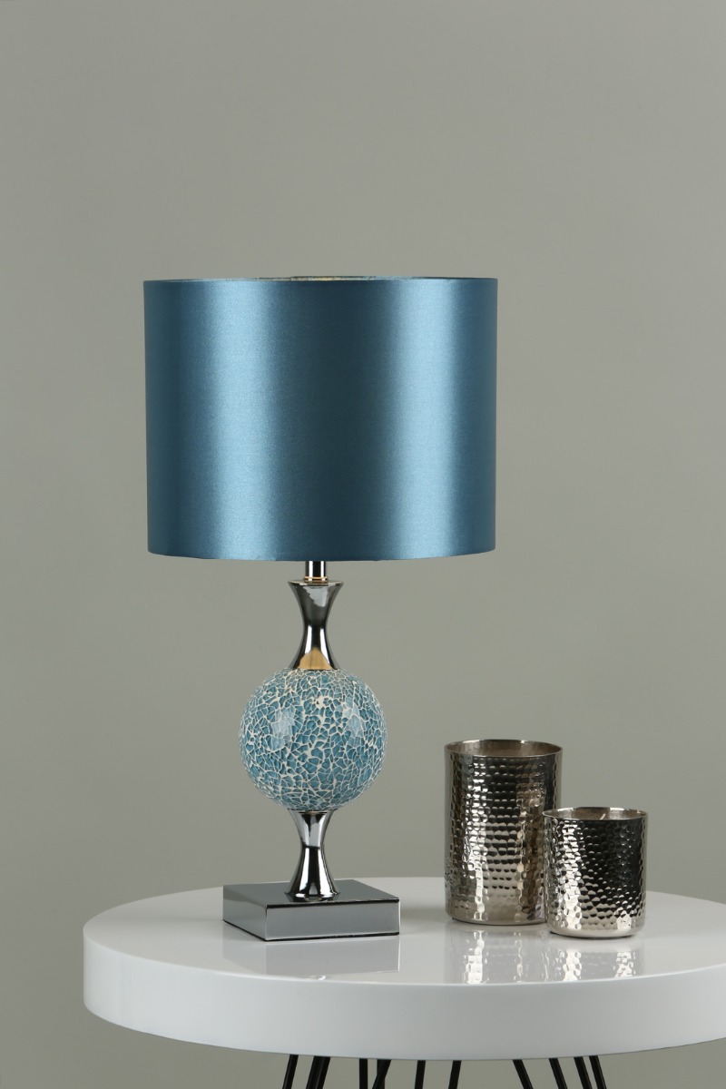 Elsa Table Lamp Polished Chrome Blue Mosaic With Shade