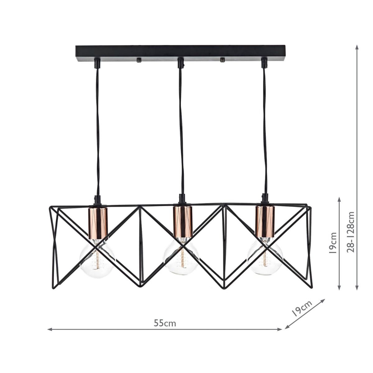 Midi 3 Light Bar Pendant Black & Bright Copper Detail