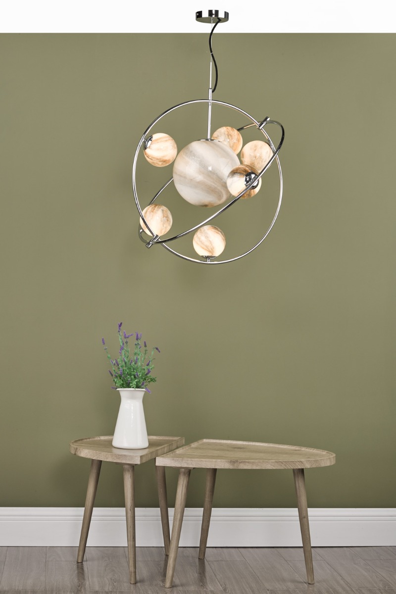 Mikara 7 Light Pendant Polished Chrome Marble Effect Glass