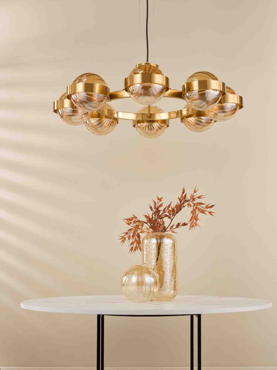 Ophira 8 Light Pendant Antique Gold and Amber Ribbed Glass