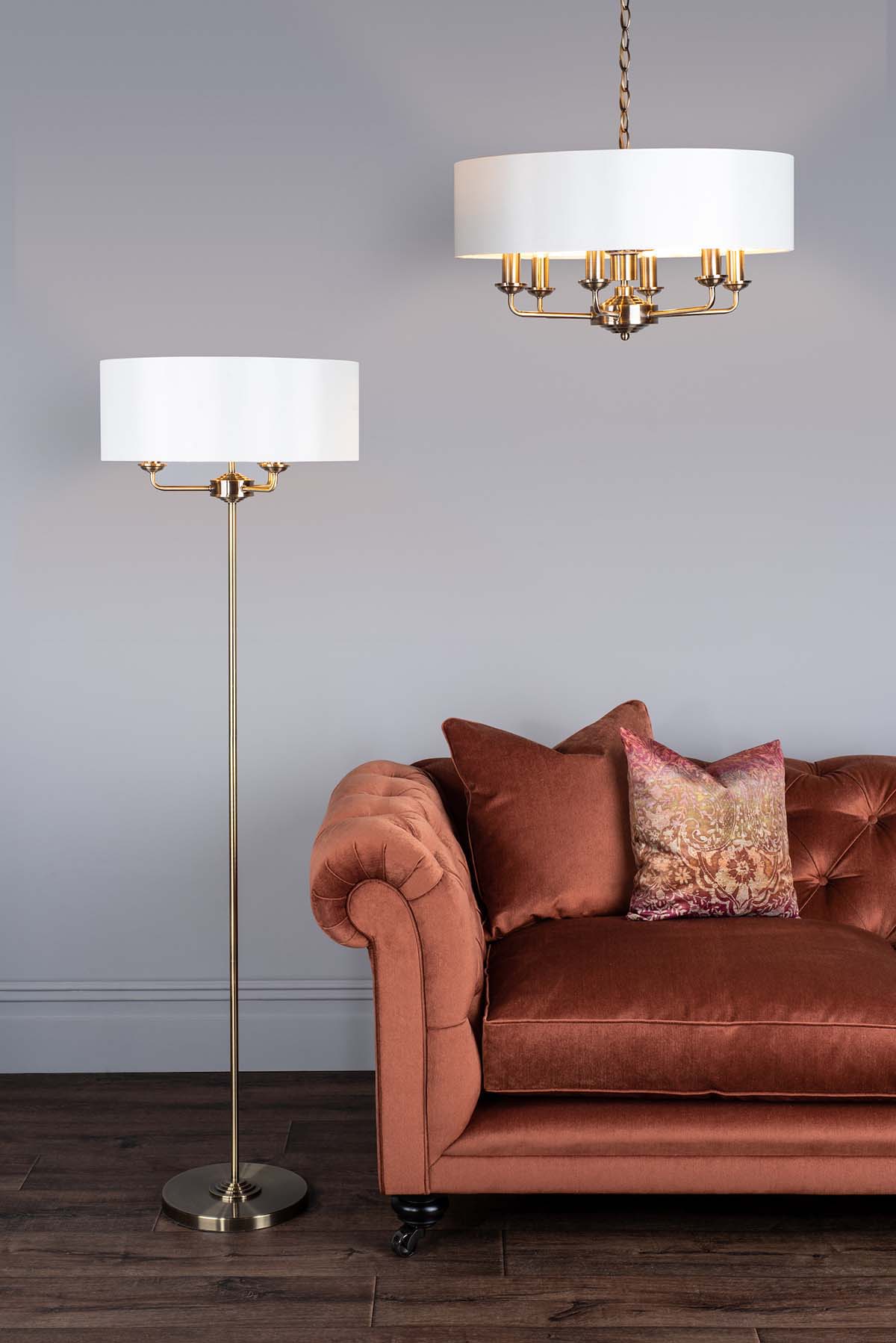 Laura Ashley Sorrento Antique Brass 3 Light Floor Lamp & 6 Light Armed Fitting Ceiling Light with Ivory Shades